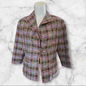 Vtg Doncaster Collection Sz 14 Tweed Bouclé Plaid Cropped Blazer Jacket Women